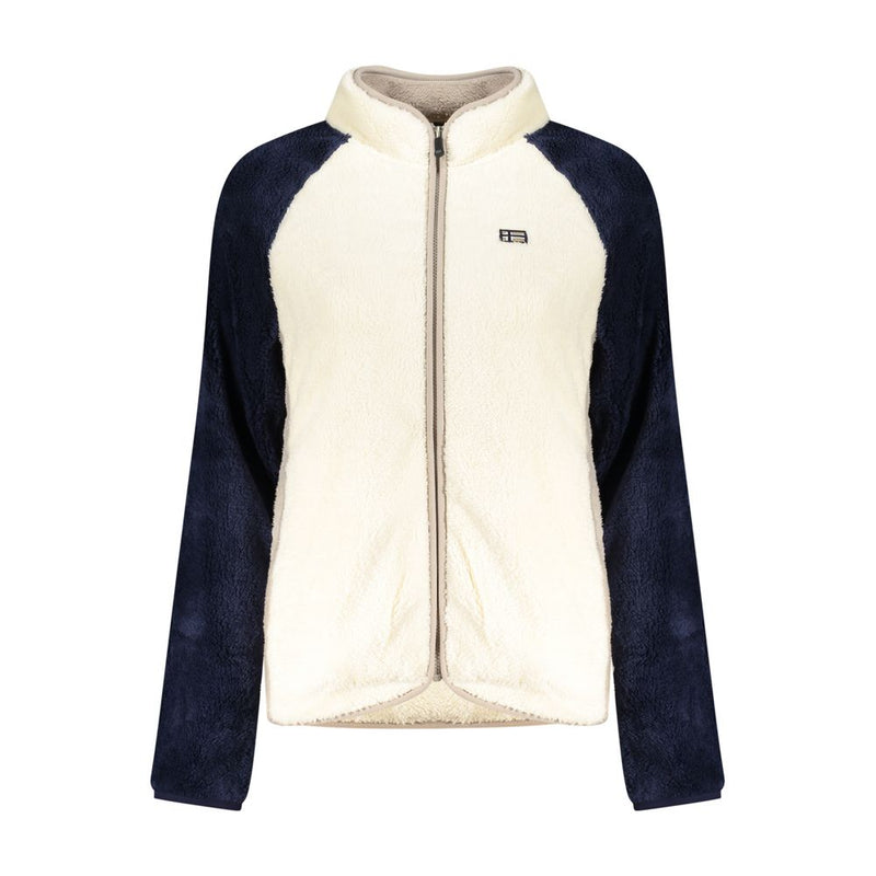 Cream and navy blue fuzzy fleece zip-up sweatshirt with a stand collar