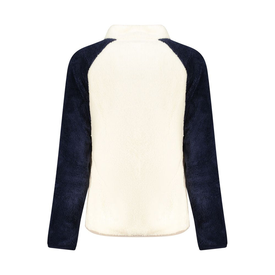 Cream and navy blue fuzzy fleece zip-up sweatshirt with a stand collar