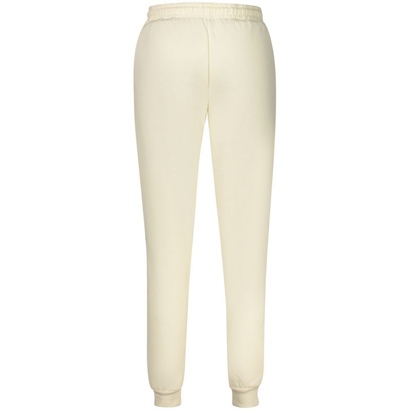 Back view of white cotton women's sweatpants with elastic waistband and cuffs