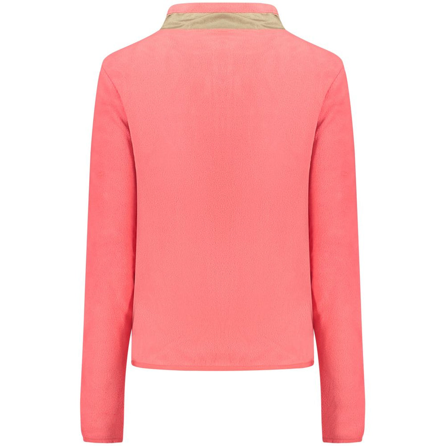 Pink polyester fleece zip-up sweatshirt with a contrasting olive green chest pocket and high collar