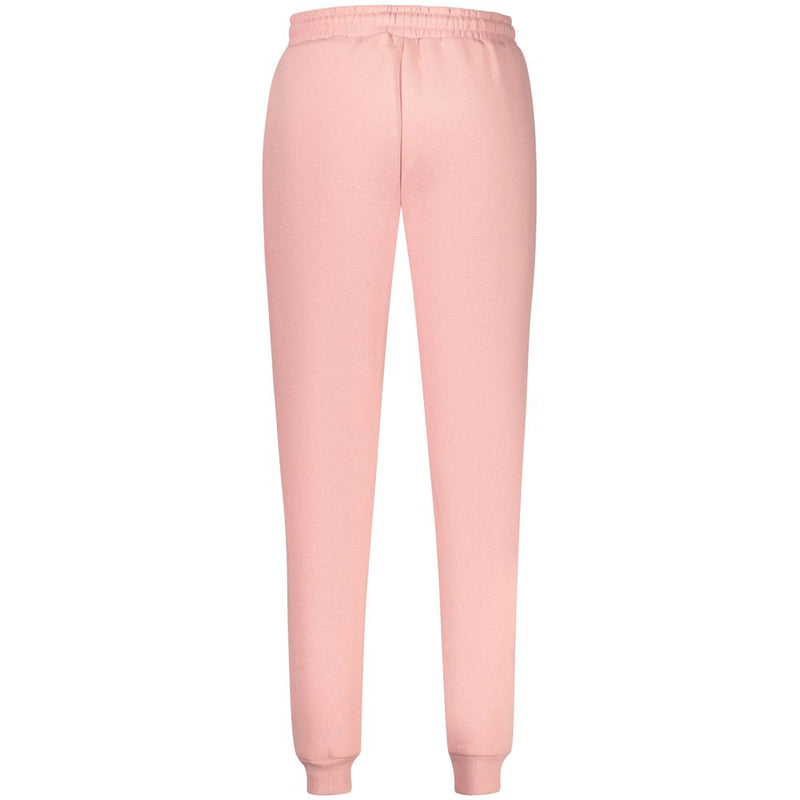 Pink cotton women's sweatpants with an elastic waistband and ribbed cuffs shown from behind