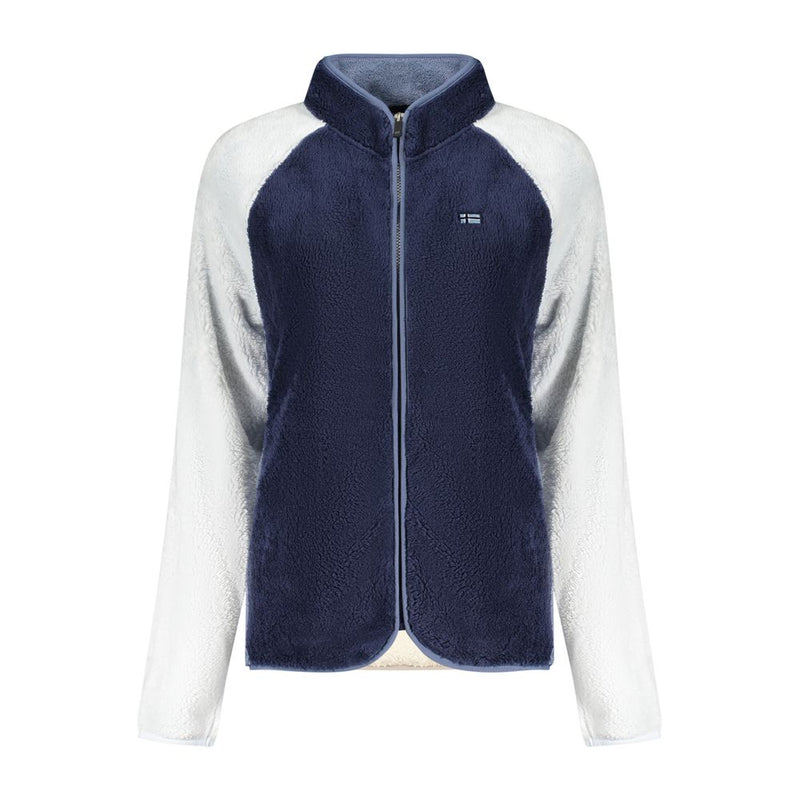 Blue and white fleece zip-up sweatshirt with high neck and raglan sleeves