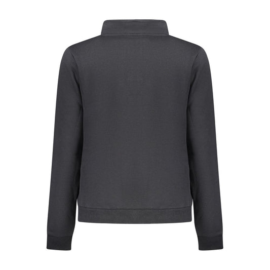 Back view of a plain black cotton women sweatshirt with a high collar