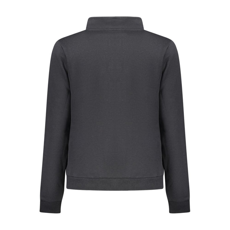 Back view of a plain black cotton women sweatshirt with a high collar
