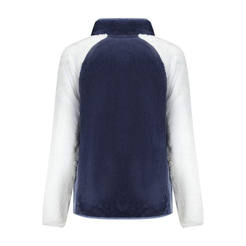 Blue and white fleece polyester women's zip-up sweatshirt with a stand collar