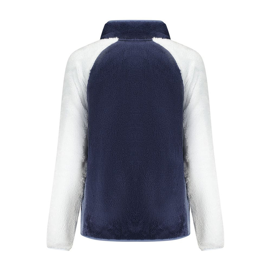 Blue and white fleece zip-up sweatshirt with high neck and raglan sleeves