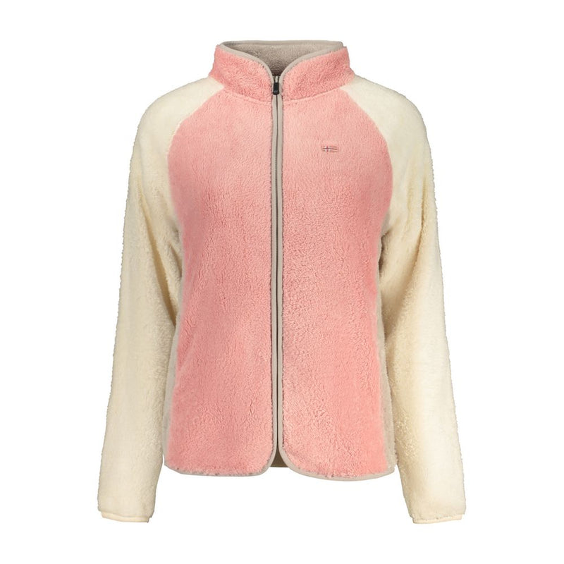 Pink and cream fleece zip-up sweatshirt with a high collar