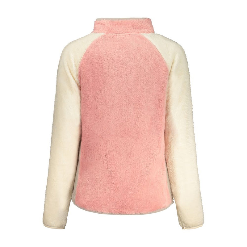 Pink and white fuzzy polyester fleece mock neck sweatshirt with raglan sleeves viewed from the back