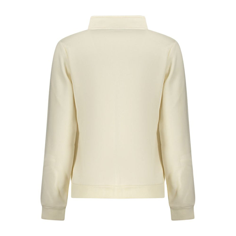 Back of white cotton women sweatshirt with high collar