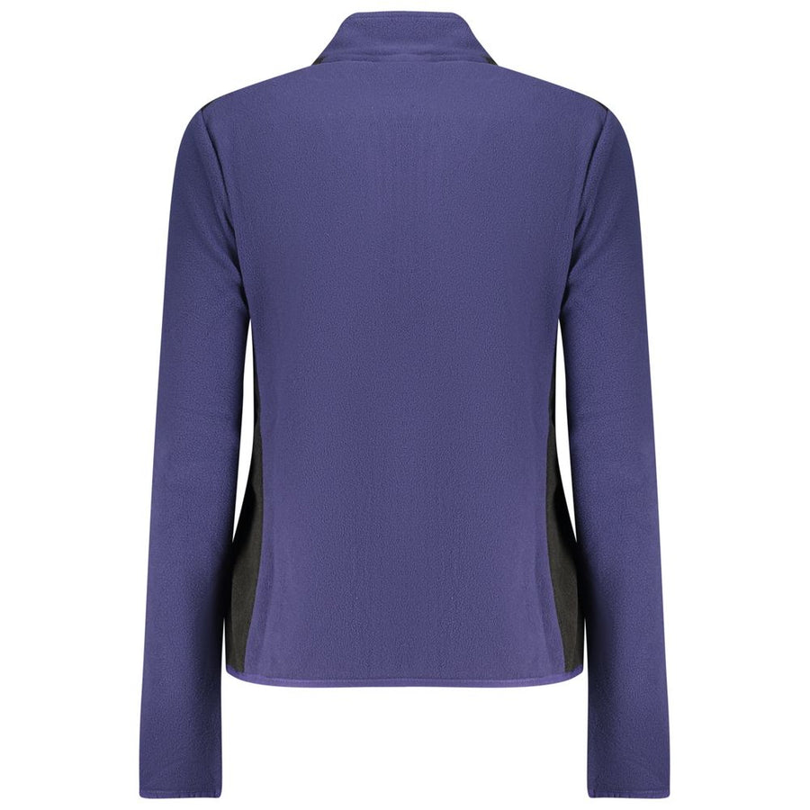 Blue fleece zip-up sweatshirt for women with a high collar and black shoulder and side panels
