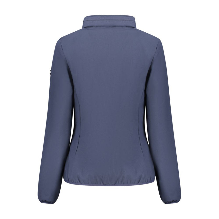 Blue polyester women's softshell jacket with a high collar and pink inner lining