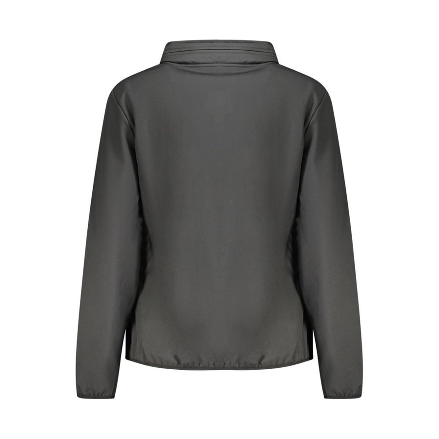Black polyester women's zip-up jacket with a stand collar and pink lining