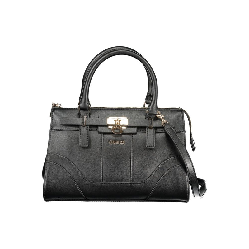 Black polyurethane structured handbag with dual top handles and gold hardware