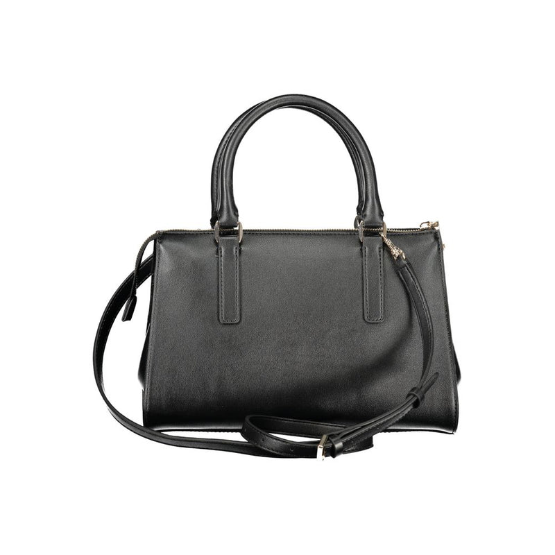 Black polyurethane handbag with top handles and a shoulder strap