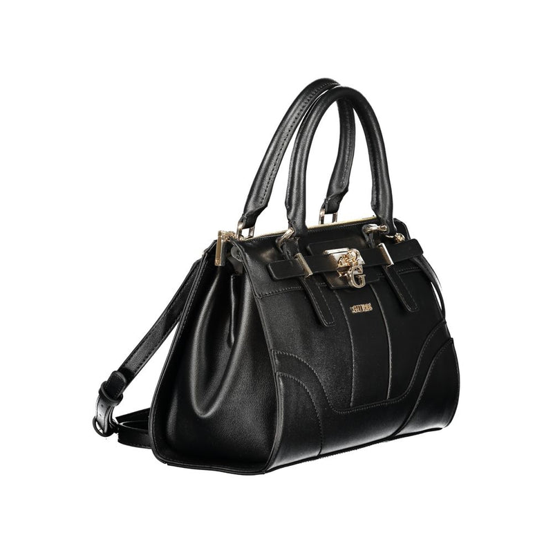 Black polyurethane women's structured handbag with top handles and gold hardware