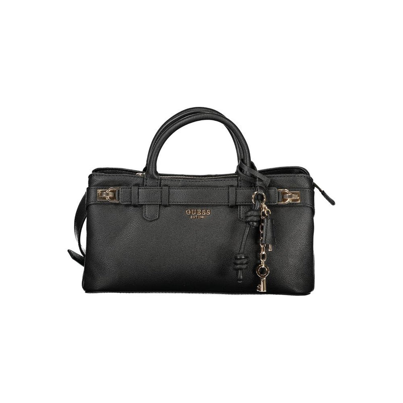 Black polyurethane structured handbag with dual top handles, gold hardware, and a hanging charm