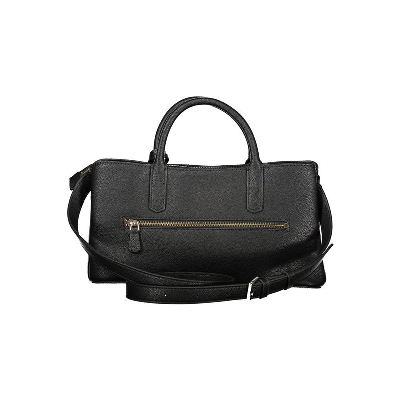 Black polyurethane structured handbag with dual top handles, a zippered front pocket, and an adjustable shoulder strap