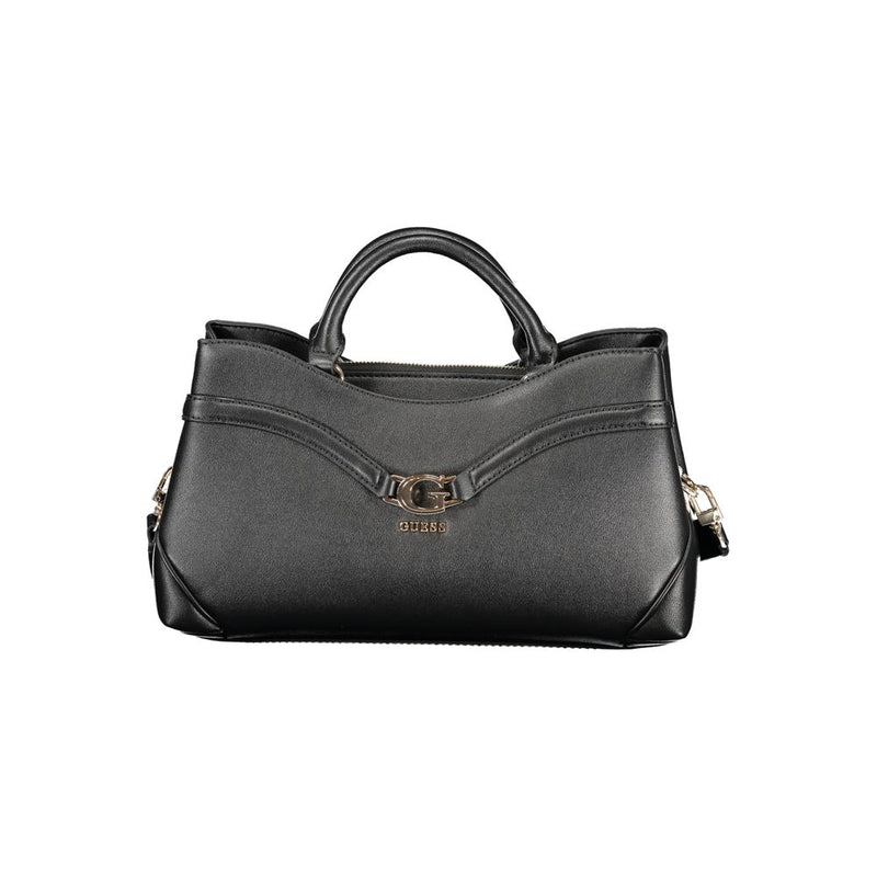 Black polyurethane women's handbag with top handles and gold-tone hardware