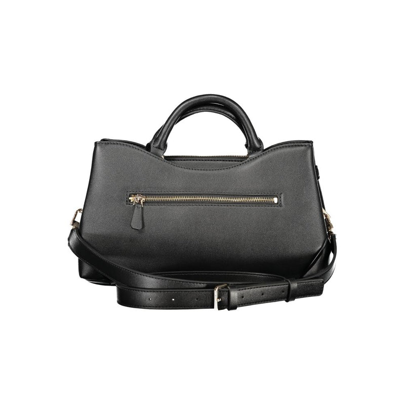 Black polyurethane women's handbag with top handles and a shoulder strap
