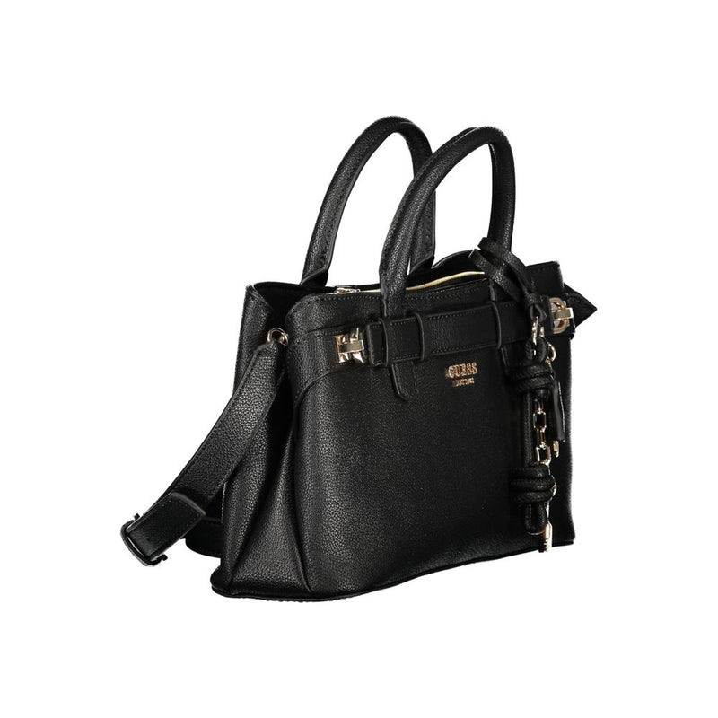 Black polyurethane structured women handbag with double top handles and gold hardware detailing
