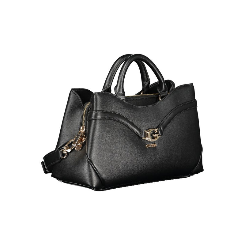 Black polyurethane women's satchel handbag with dual top handles and gold hardware