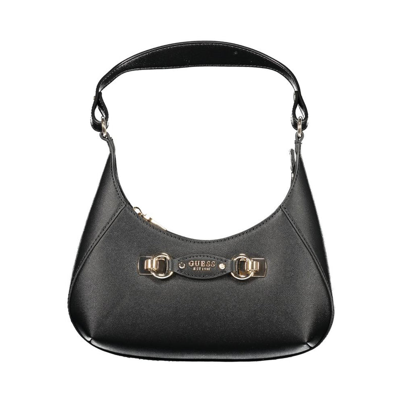 Black polyurethane shoulder handbag with gold hardware and Guess logo detail
