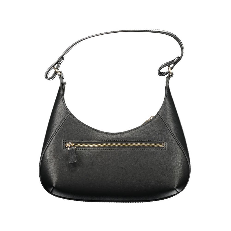 Black polyurethane shoulder handbag with a curved shape and gold zipper detail on the front