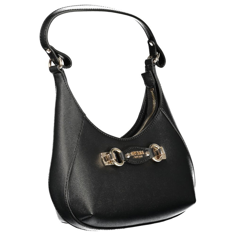 Black polyurethane shoulder bag with gold-tone hardware and logo detail