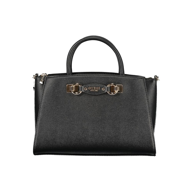 Black polyurethane structured handbag with dual top handles and gold hardware branding
