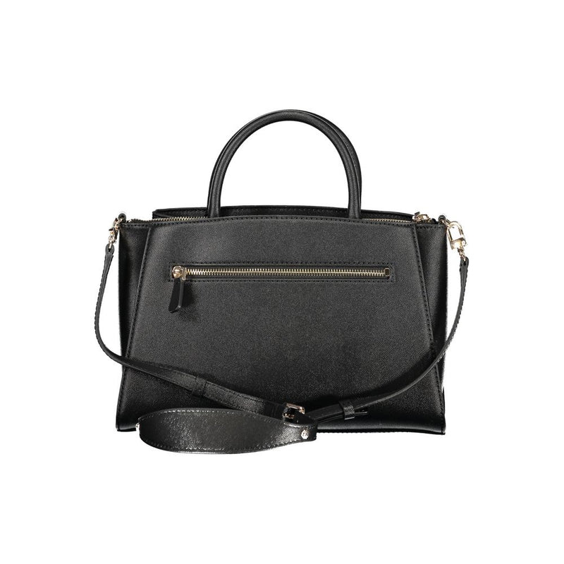 Black polyurethane structured handbag with dual top handles and a shoulder strap