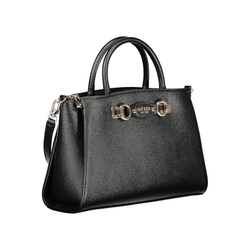 Black polyurethane structured handbag with dual top handles and gold hardware