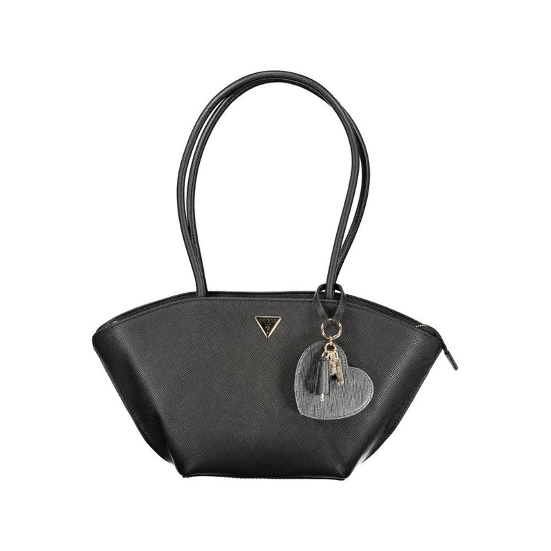 Black polyurethane trapezoid handbag with dual shoulder straps and a heart keychain charm