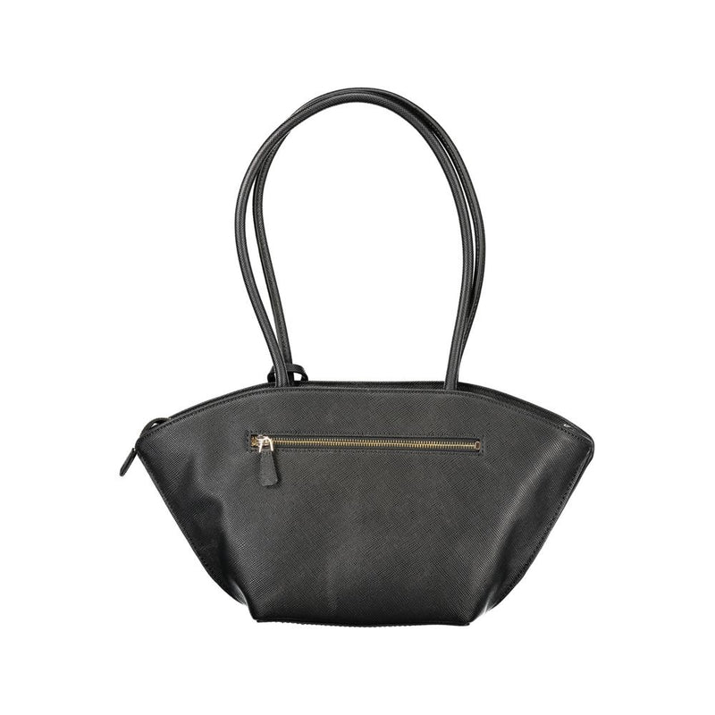 Black polyurethane women's handbag with dual shoulder straps and a zippered exterior pocket
