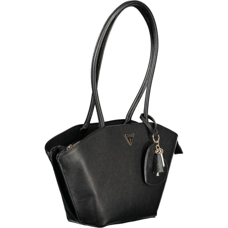 Black polyurethane women's tote handbag with tall dual straps and a triangular logo plaque