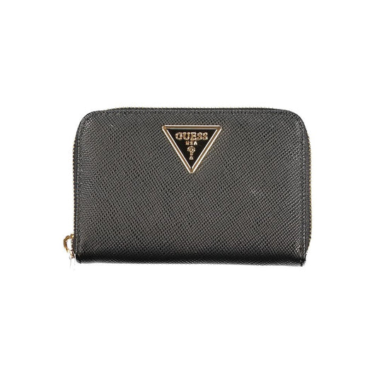 Black polyurethane women's zip-around wallet with textured leather finish and metal triangle logo