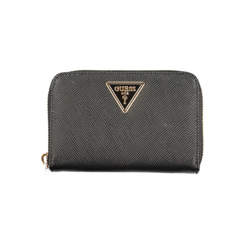 Black polyurethane women's zip-around wallet with textured leather finish and metal triangle logo
