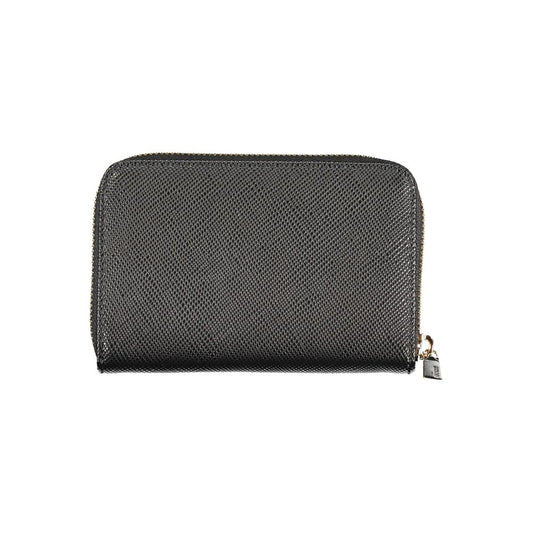 Black textured polyurethane zip-around wallet for women with gold hardware
