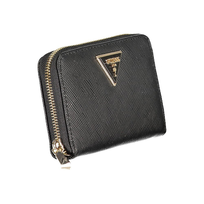 Black textured polyurethane zip-around wallet with a gold triangular logo plaque