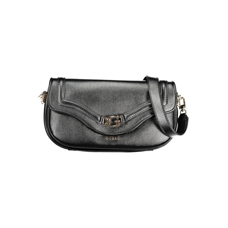 Black polyurethane women shoulder bag with flap closure and gold-tone logo hardware