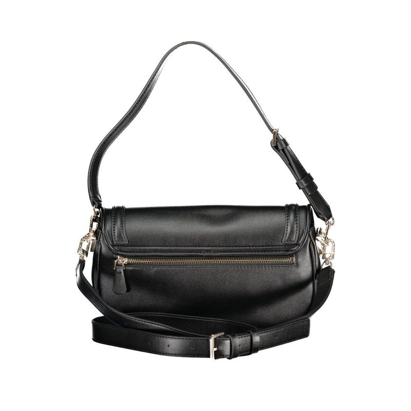 Black faux leather shoulder bag with a zip pocket and two straps