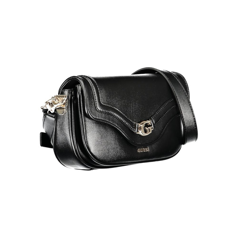 Black polyurethane Guess women's flap handbag with gold-tone hardware and shoulder strap