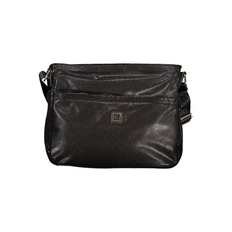 Black textured polyester women's crossbody handbag with a front zip pocket and logo plaque