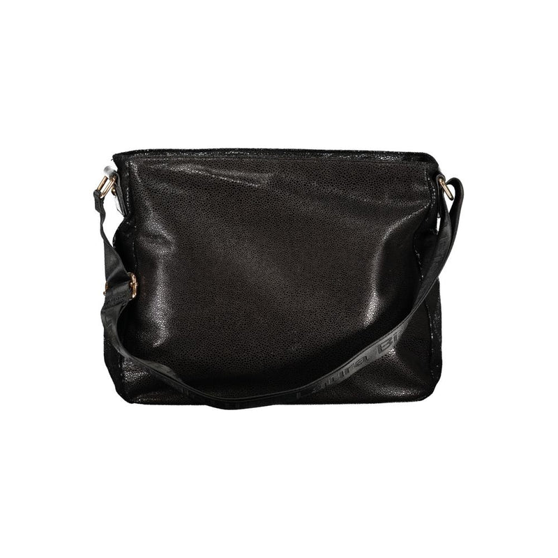 Black textured polyester women's shoulder handbag with a branded strap