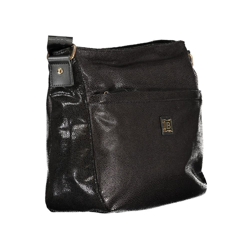 Black textured polyester crossbody handbag with front pocket and gold logo hardware