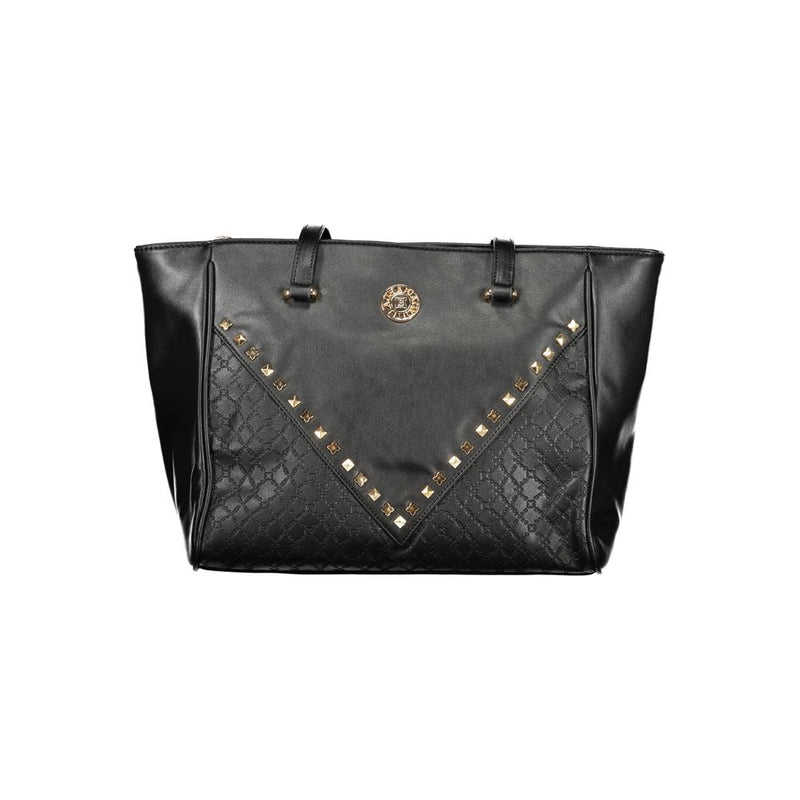 Black PVC women's tote handbag with quilted pattern, gold studs, and top handles
