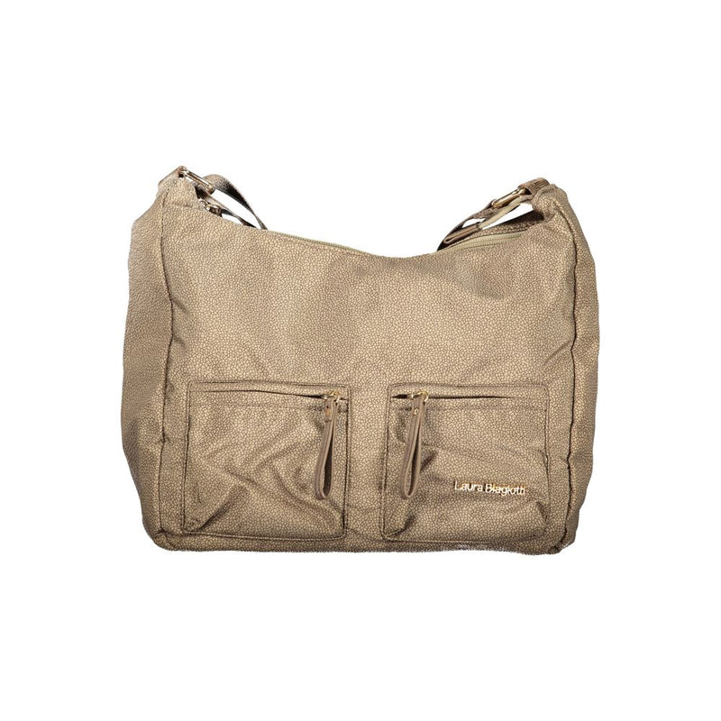 Beige patterned polyester shoulder bag with two front zip pockets and shoulder straps