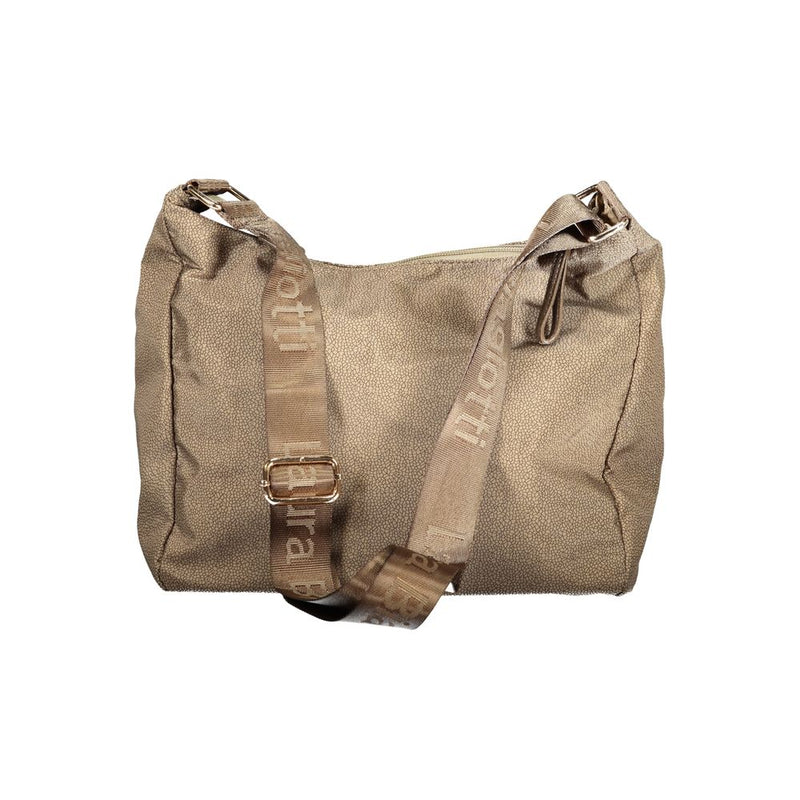 Beige textured polyester women crossbody handbag with wide logo strap