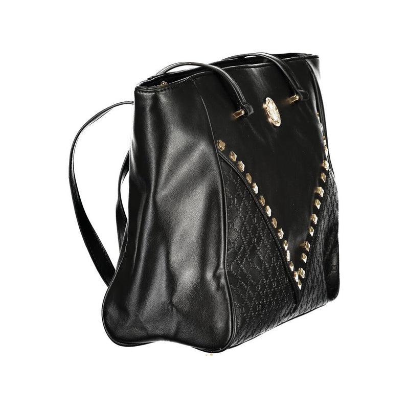 Black PVC women handbag with gold studs and top handles