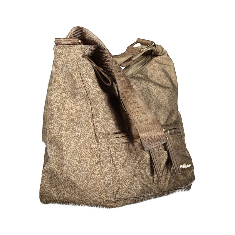 Beige polyester textured shoulder handbag with a wide branded strap and front zippered pocket