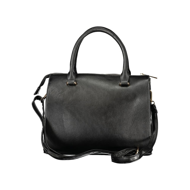 Black PVC women handbag with top handles and a shoulder strap